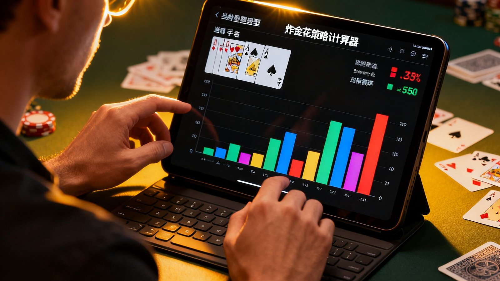 一位玩家正在使用炸金花策略计算器分析当前手牌胜率，屏幕显示牌型与概率图表